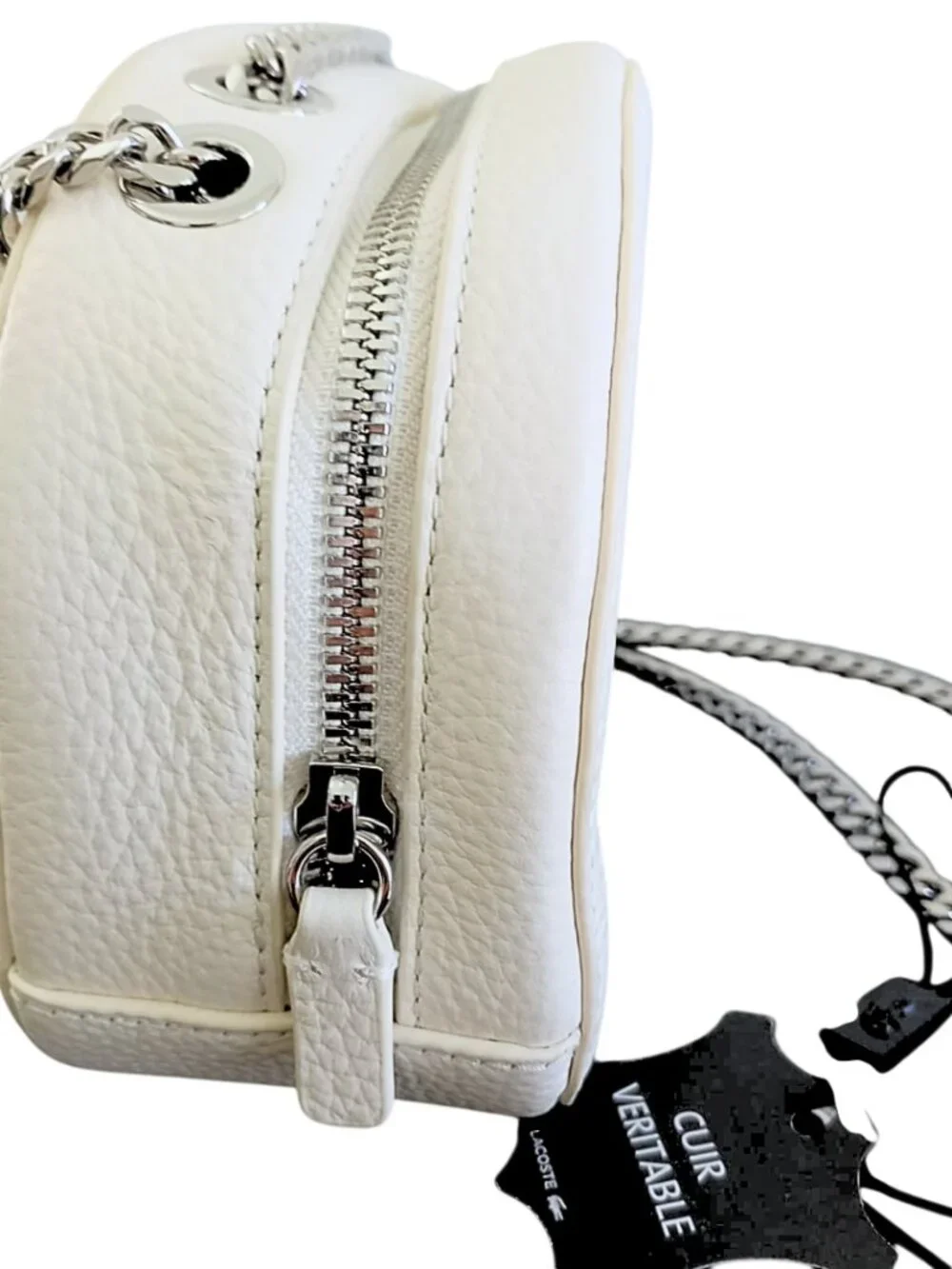 Lacoste NWT White Croco Crew Grained Leather Zip Crossbody Bag - Silver Chain - Picture 3 of 15